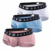 Set of three male basics mens briefs in white blue chevron and red stripes with black elastic waistband and branding