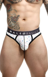 Malebasics mens thong sexy pouch briefs in white with playful pink blue yellow confetti pattern and black trim waistband