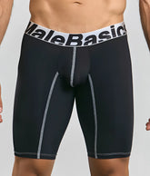 Black malebasics microfiber athletic boxer briefs with white waistband black lettering and silver seam stitching