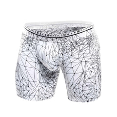 White boxer briefs with black geometric line pattern and malebasics branded elastic waistband hipster style