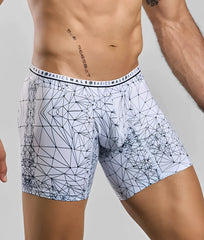Malebasics new hipster boxer brief spider in white with dark blue geometric lines and basics male waistband branding