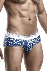 Malebasics new hipster brief paros blue and white patterned men’s briefs with repeating circular design front view