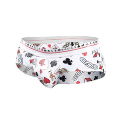 White men’s briefs by malebasics new hipster featuring a playful black red and gray poker pattern on white fabric