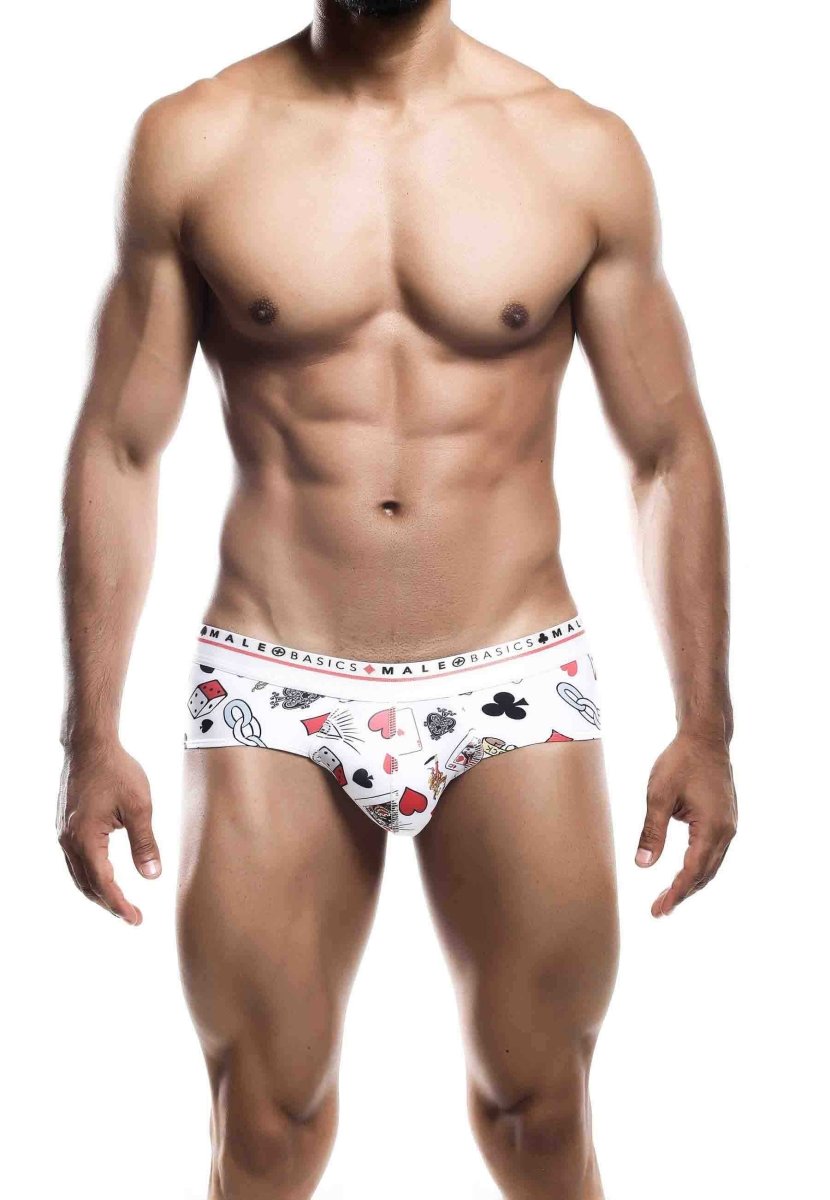 White men’s briefs with a playful poker card pattern and male basics branded waistband in a new hipster brief style