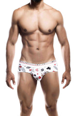 White men’s briefs with a playful poker card pattern and male basics branded waistband in a new hipster brief style