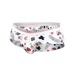 White men’s briefs by malebasics new hipster featuring a playful black red and gray poker pattern on white fabric