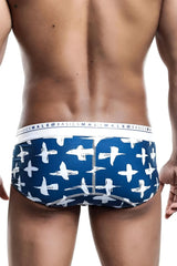 Malebasics new hipster brief santorini blue and white patterned men’s briefs with bold bird design