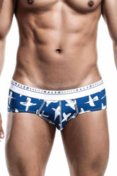 Malebasics new hipster brief santorini men’s blue and white cotton briefs with repeating bird pattern