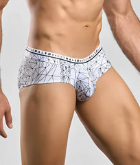 White malebasics new hipster brief spider with black geometric pattern and branded waistband in cotton fabric