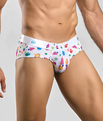 Malebasics new hipster brief white splash featuring white briefs with colorful paint splatter pattern front view