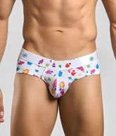 Malebasics new hipster brief white splash featuring white briefs with vibrant multicolored paint splatter and logo waistband