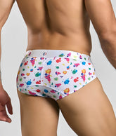 Malebasics new hipster brief white splash featuring white briefs with vibrant multicolored paint splatter pattern