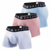 Set of male basics new trunk boxer shorts 3-pack in light blue chevron pink white stripes and pale blue gingham patterns