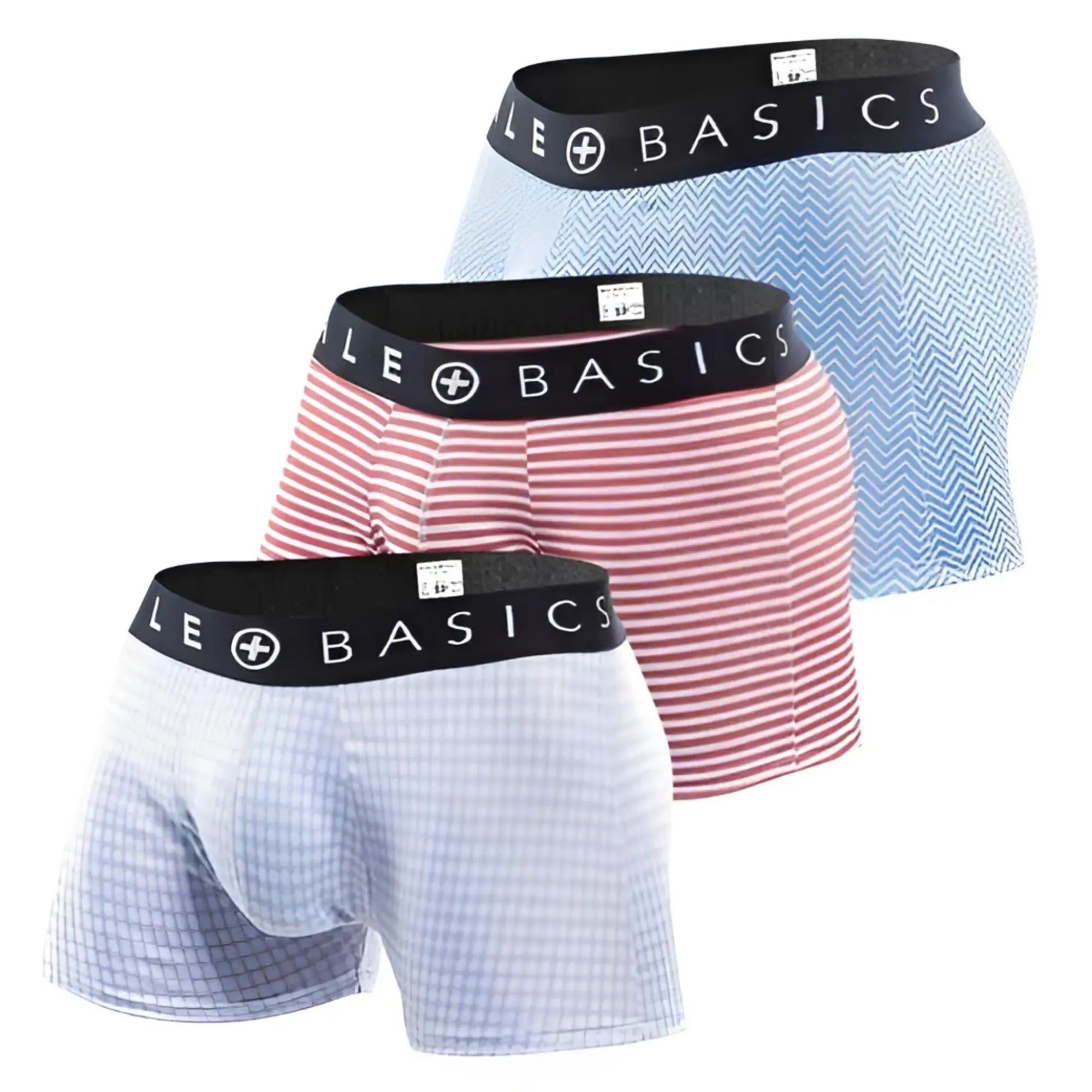 Set of three men’s trunk boxer shorts in light blue chevron pink white stripes pale blue gingham with black le basics waistband