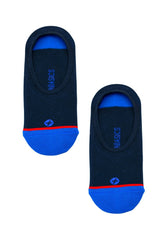 MaleBasics no-show socks black with blue toe and heel accents red sole stripe and white stumble branding