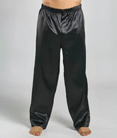 Black satin pajama pants with elastic waistband and smooth glossy finish from malebasics pants satin collection