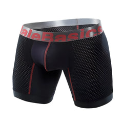 Malebasics performance titanium plusfit black mesh boxer briefs with red stitching and gray waistband logo