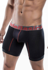 Malebasics performance titanium fit black boxer briefs with perforated texture red stitching and gray elastic band