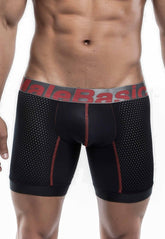 Black athletic boxer briefs with perforated mesh design red stitching and malebasic waistband in gray background