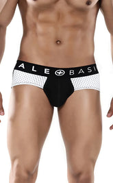 MaleBasics spot brief black patterned briefs with mesh side panels and ale basi branding on the waistband