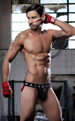 Black malebasics spot jockstrap with bold white male bas branding designed for athletic support and comfort