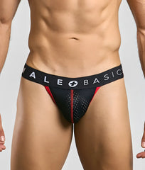 Black and red male basics spot jockstrap with perforated mesh front and branded waistband for athletic use