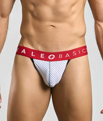 Malebasics spot jockstrap in white mesh briefs with red waistband and male basics logo with white cross symbol