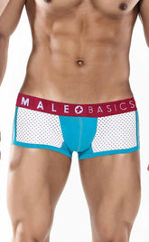 Blue and white mesh mens briefs with a red waistband featuring the male basics logo in the spot new sexier trunk-turquoise design
