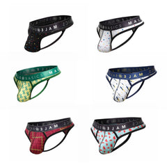 Six pairs of male basics mens thong sexy pouch underwear with colorful patterns and black elastic waistbands