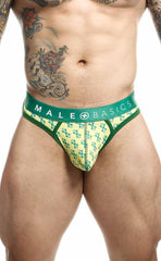 Green and yellow patterned malebasics mens thong with pouch and branded waistband for sexy underwear look