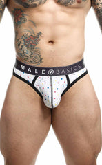 Malebasics mens thong sexy pouch briefs in white with playful pink blue yellow confetti pattern and black trim waistband
