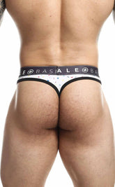 Malebasics mens thong sexy pouch white with black trim colorful confetti dots and basiale waistband branding