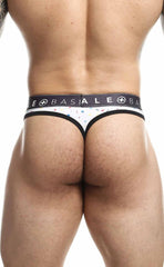 Malebasics mens thong sexy pouch white with black trim colorful confetti dots and basiale waistband branding