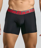 Black men’s boxer briefs with gray waistband and red alebasics branding featuring perforated side panels malebasics titanium pocket boxer brief