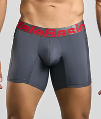 Dark gray malebasic titanium pocket boxer briefs with red and black elastic waistband featuring the brand name