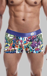 Malebasics trunk hipster comics vibrant comic-book style men’s boxer briefs with bold purple waistband and colorful graphics