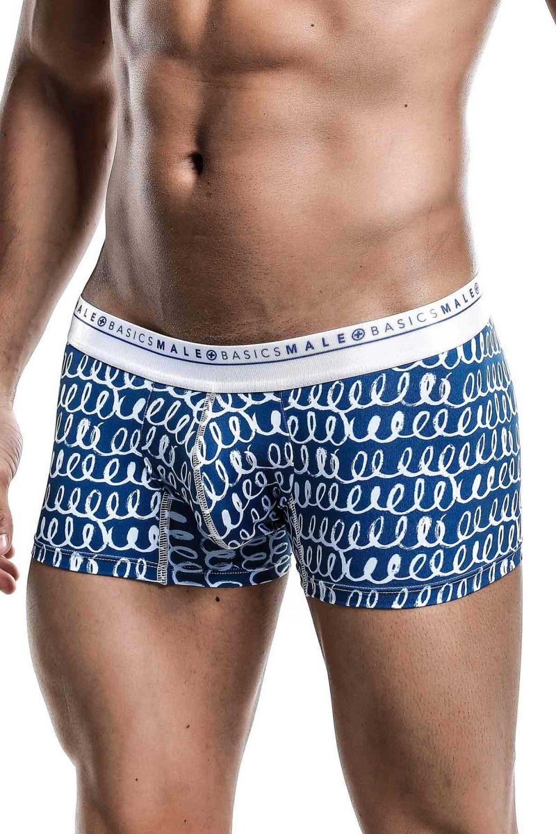 Malebasics trunk hipster crete blue and white patterned men’s boxer briefs with repeating swirl design
