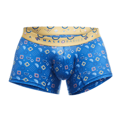Malebasics trunk hipster spectrum blue patterned men’s boxer briefs with yellow waistband and geometric designs