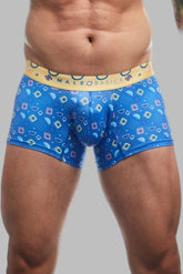 Male basics trunk hipster spectrum blue patterned men’s boxer briefs with yellow waistband for everyday comfort