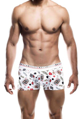 Malebasics trunk hipster poker white boxer briefs with playful red black and gray playing cards pattern