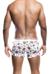 Malebasics trunk hipster poker white boxer briefs with red black and gray playing cards dice and hearts pattern