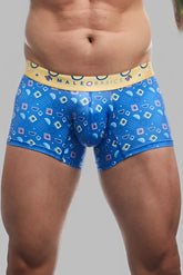 Male basics trunk hipster spectrum blue patterned men’s boxer briefs with yellow waistband for everyday comfort