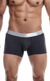 Dark gray textured malebasics trunk pima boxer briefs with sleek silver waistband made from soft pima cotton
