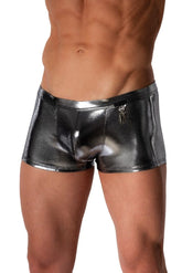 Man wearing shiny silver metallic opera trunk underwear with a small dangling logo charm on the front left hip.