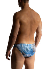 Manstore M2473 beach micro brief swim trunks featuring blue and white abstract wave pattern for beachwear