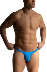 Bright blue manstore m2474 beach tower string thong with sleek smooth material and minimalistic design shown from back