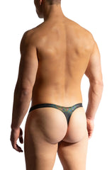 Black thong manstore oilslick stripper string with shimmering iridescent green and blue pattern on front side