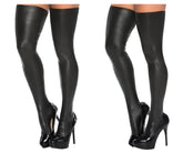 Black patent leather thigh-high stockings paired with black platform heels from mapale 1017 collection front view