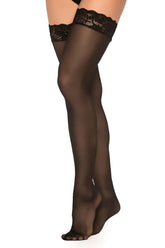 Black lace-trimmed mesh thigh-high stockings by mapale in black showcasing elegant sheer material and detailed lace top