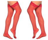 Red sheer mesh thigh high stockings with decorative lace trim at the top by Mapale 1094 in color red